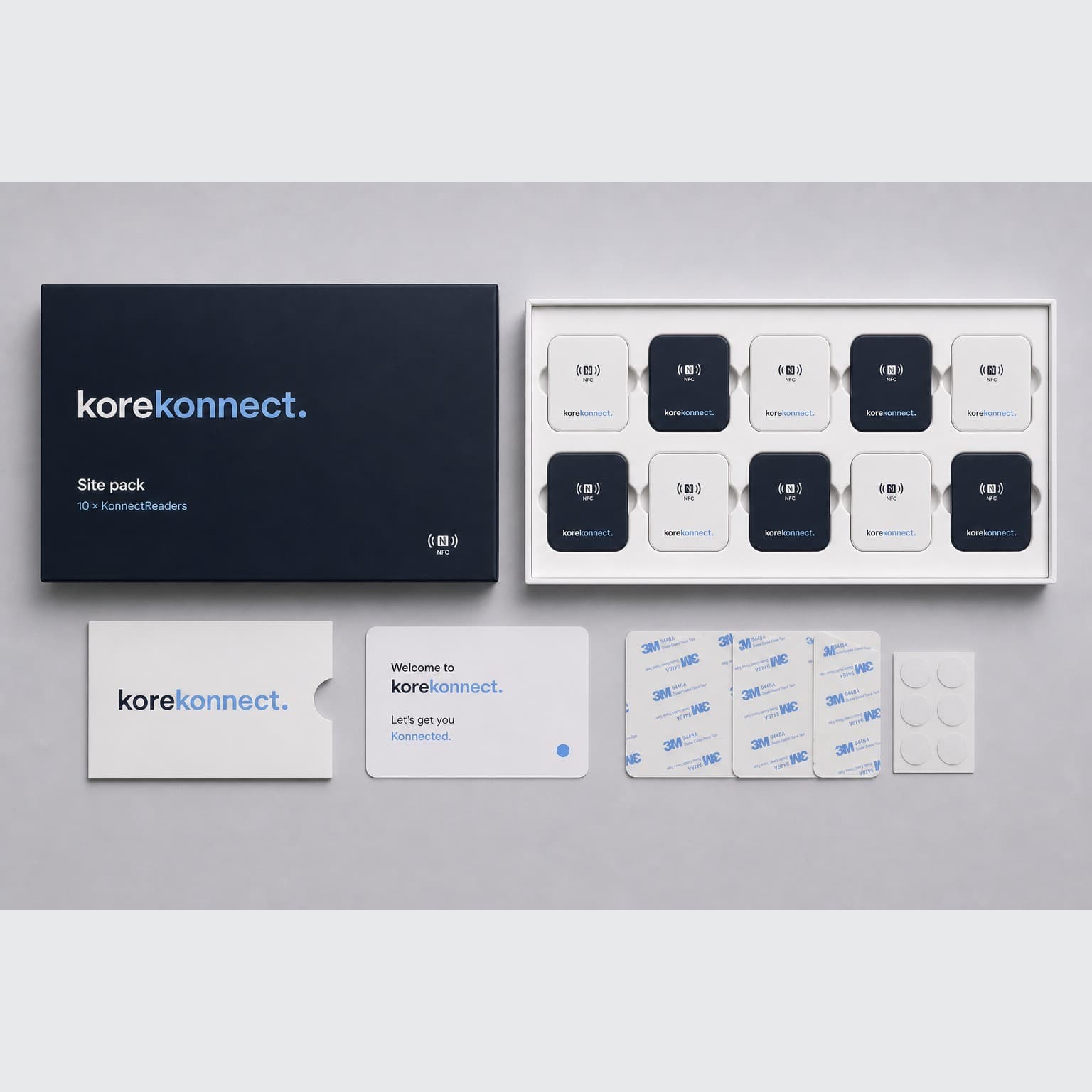 Site pack flatlay — 10 KonnectReaders in push-fit packaging