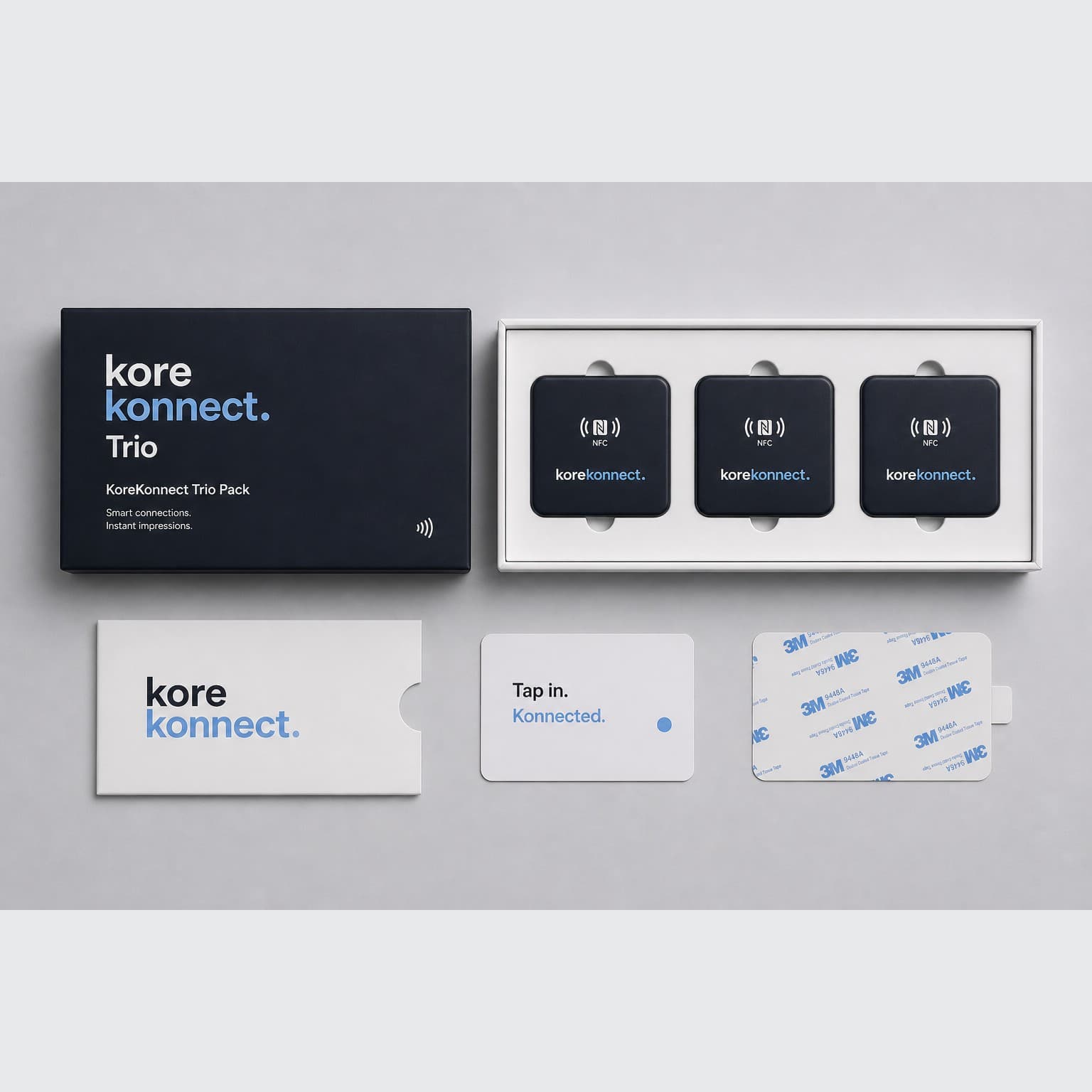 Trio pack flatlay — 3 KonnectReaders in push-fit packaging