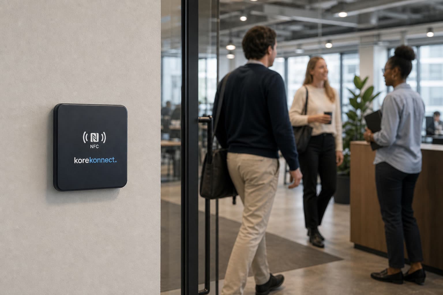 A phone tapping a KonnectReader on a wall