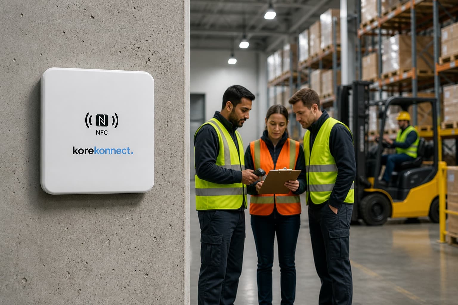 KonnectReader Mist on a warehouse wall — staff tap You’re in